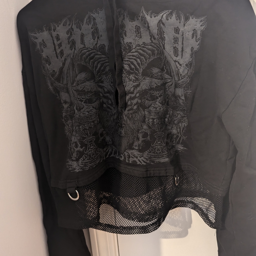 Black Graphic Hoodie with Mesh Detail